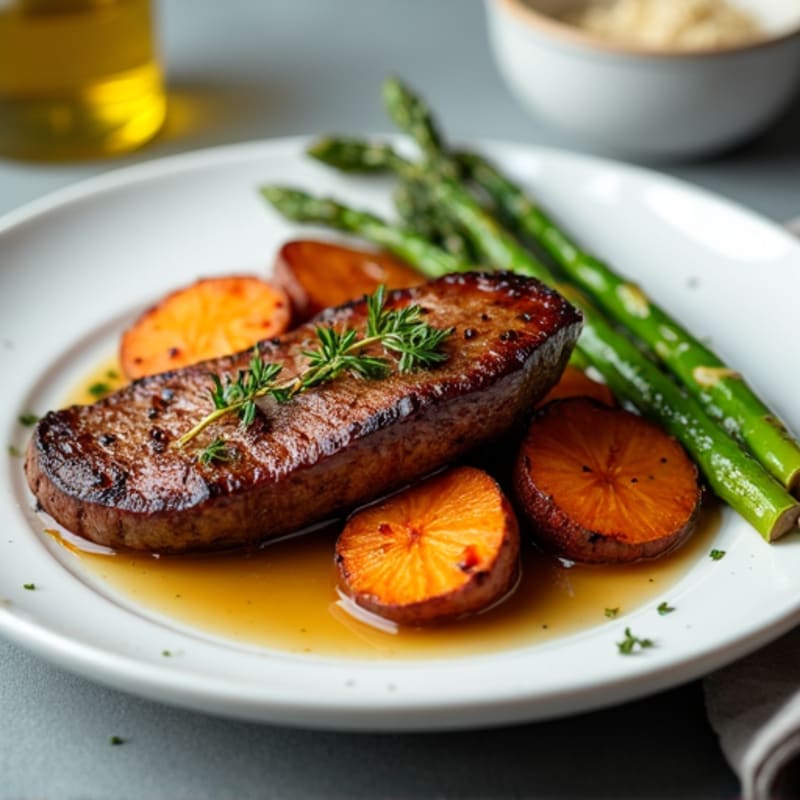 Seared Lean Beef with Roasted Sweet Potatoes and Asparagus