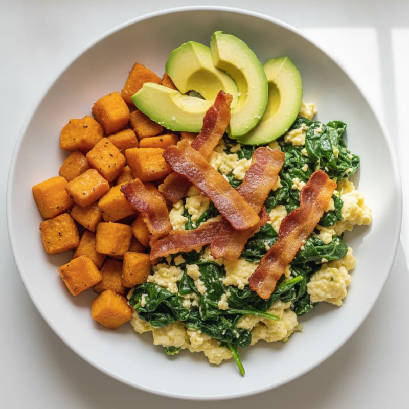 Crispy Turkey Bacon Egg White Scramble with Spinach