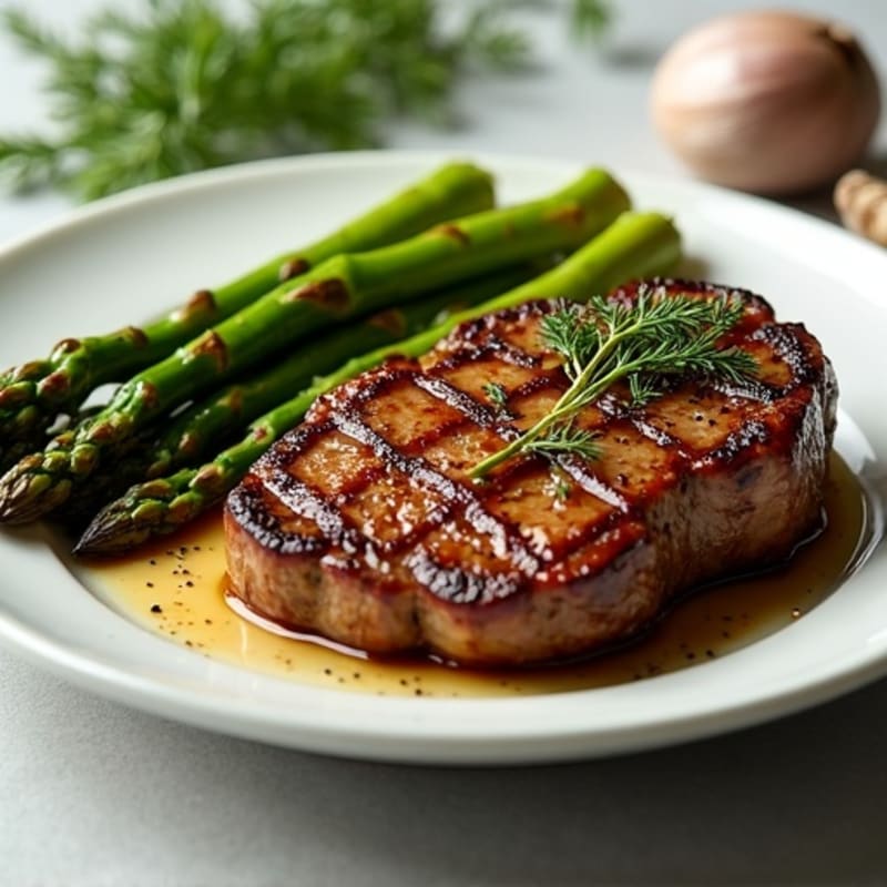 Juicy Pan-Seared Steak with Crispy Roasted Garlic Asparagus