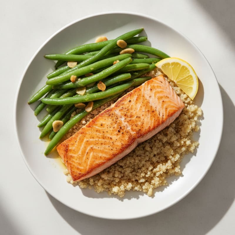 Seared Salmon with Garlic Green Beans and Quinoa