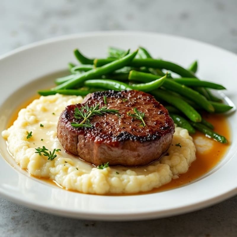 Seared Lean Beef with Steamed Green Beans and Cauliflower Mash