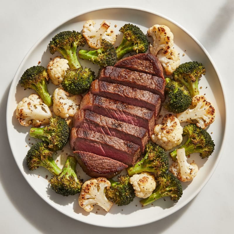 Seared Lean Beef with Roasted Broccoli and Cauliflower