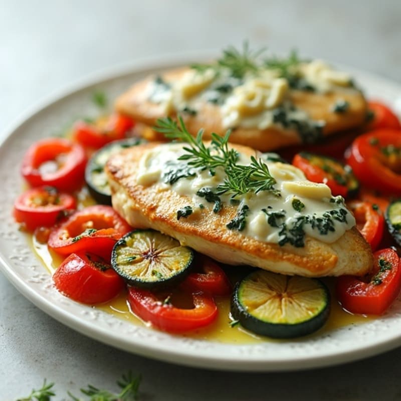 Sheet Pan Creamy Spinach Artichoke Chicken and Roasted Vegetables
