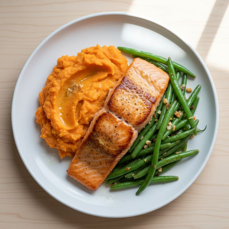 Seared Salmon with Garlic Green Beans and Mashed Sweet Potato