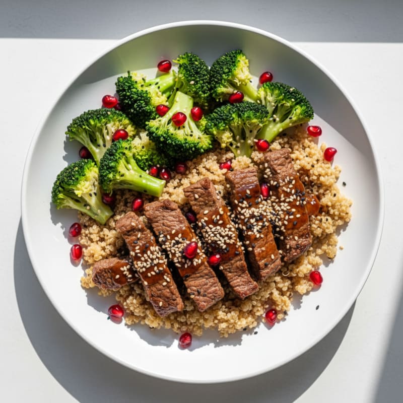 Seared Lean Beef Strips with Steamed Broccoli and Quinoa