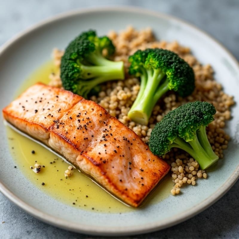 Seared Salmon Fillet with Roasted Broccoli and Quinoa