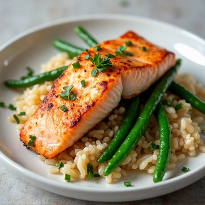 Seared Salmon Fillet with Garlic Green Beans and Brown Rice