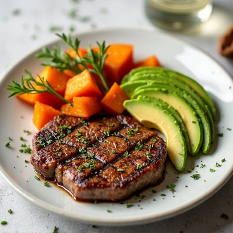 Herb-Crusted Steak with Creamy Avocado and Roasted Sweet Potato