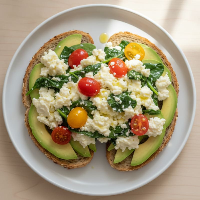 Cottage Cheese and Egg White Scramble with Spinach and Cherry Tomatoes