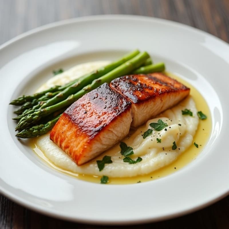 Seared Salmon with Steamed Asparagus and Cauliflower Mash