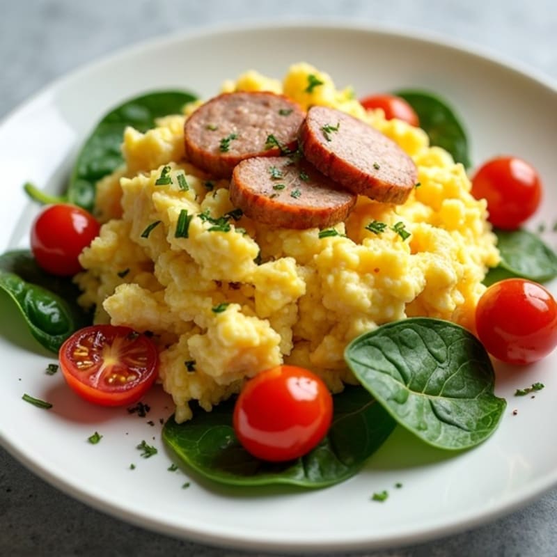 Creamy Scrambled Eggs with Sautéed Greens and Cherry Tomatoes