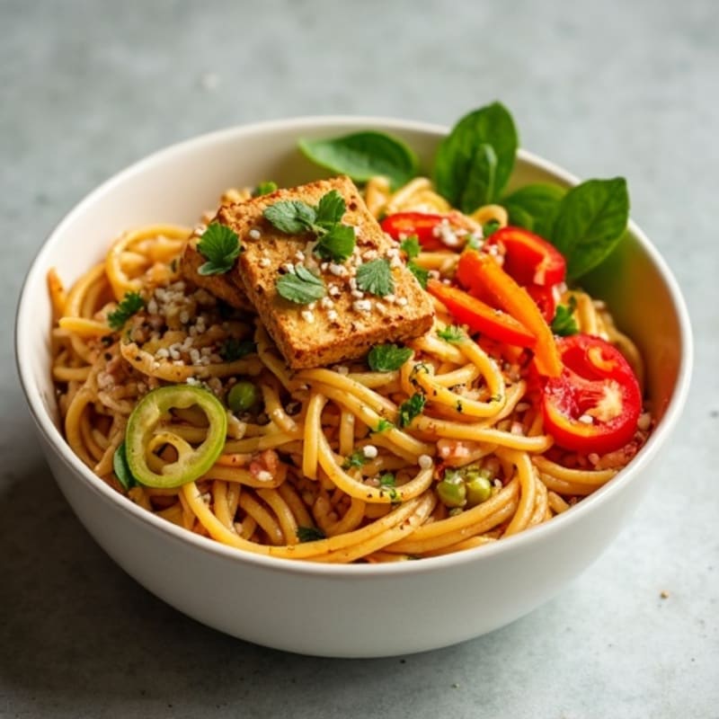 Creamy Vegan Thai Peanut Noodles with Crispy Tofu