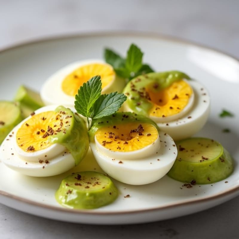 Boiled Eggs with Labne and Sliced Avocado Drizzle