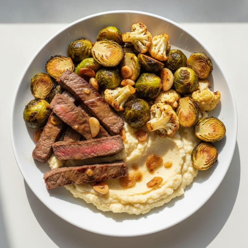 Seared Lean Beef Strips with Roasted Brussels Sprouts and Cauliflower Mash