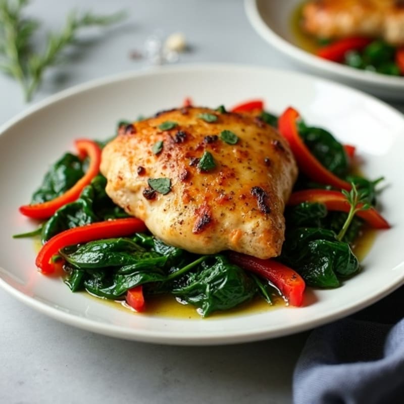 Oven-Baked Herb Chicken Thighs with Sautéed Spinach and Bell Peppers