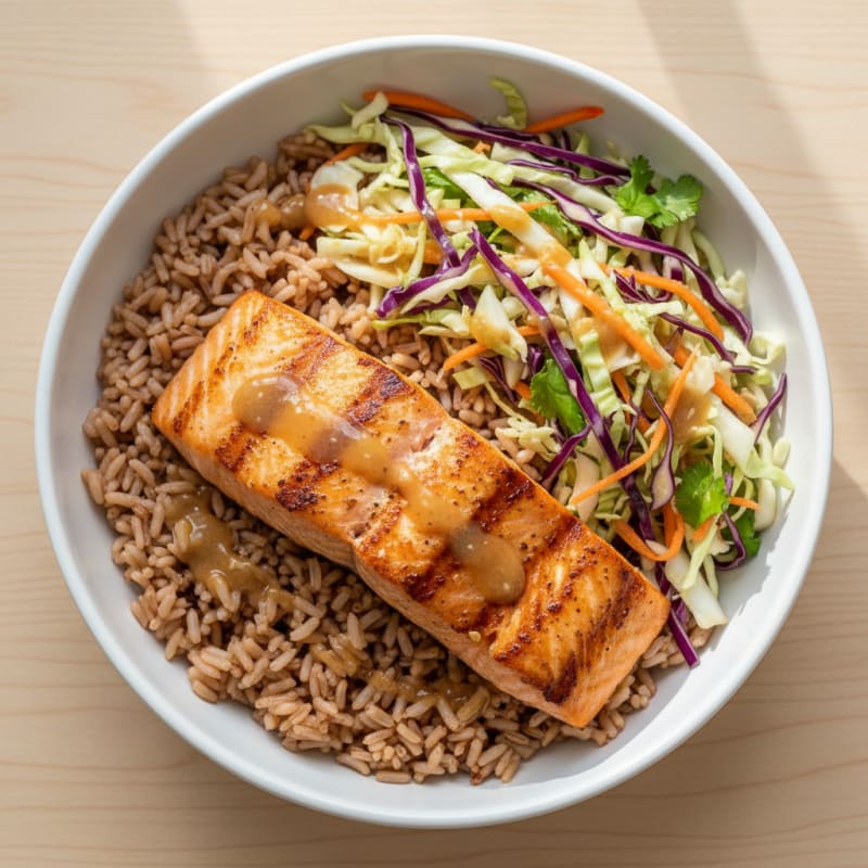 Grilled Salmon Bowl with Brown Rice and Crunchy Slaw