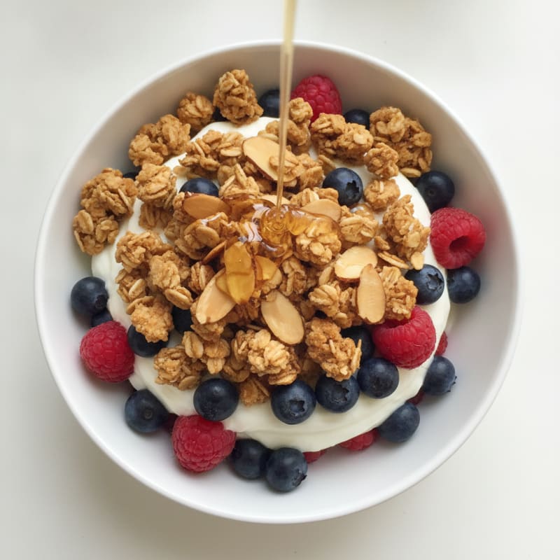 Greek Yogurt Parfait with Mixed Berries and Crunchy Almond Granola