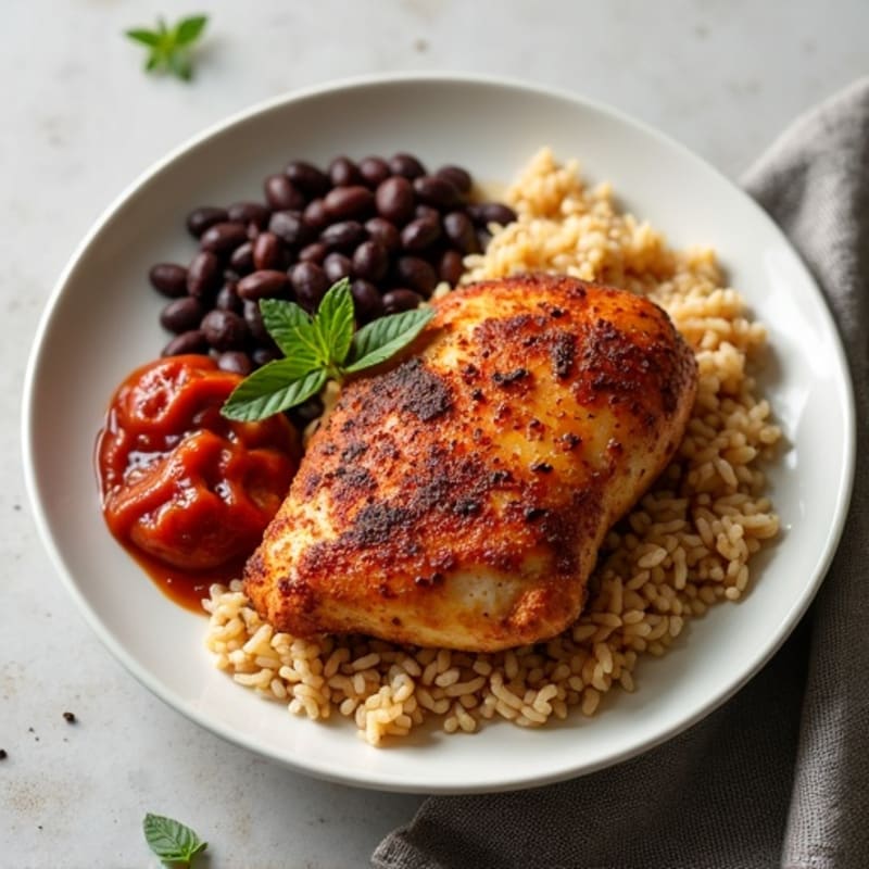 Spiced Brown Rice and Black Beans with Savory Tomato Sauce and Crispy Chicken