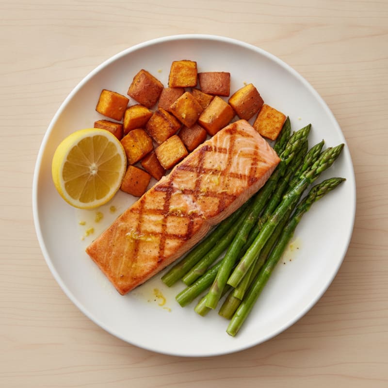 Seared Salmon with Roasted Sweet Potato and Asparagus