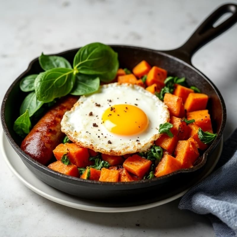 Lean Turkey Sausage and Crispy Sweet Potato Skillet with Fresh Spinach and Eggs