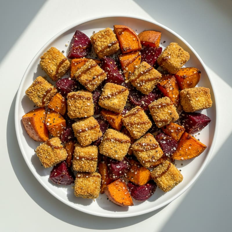 Crispy Tofu with Roasted Sweet Potatoes and Beets
