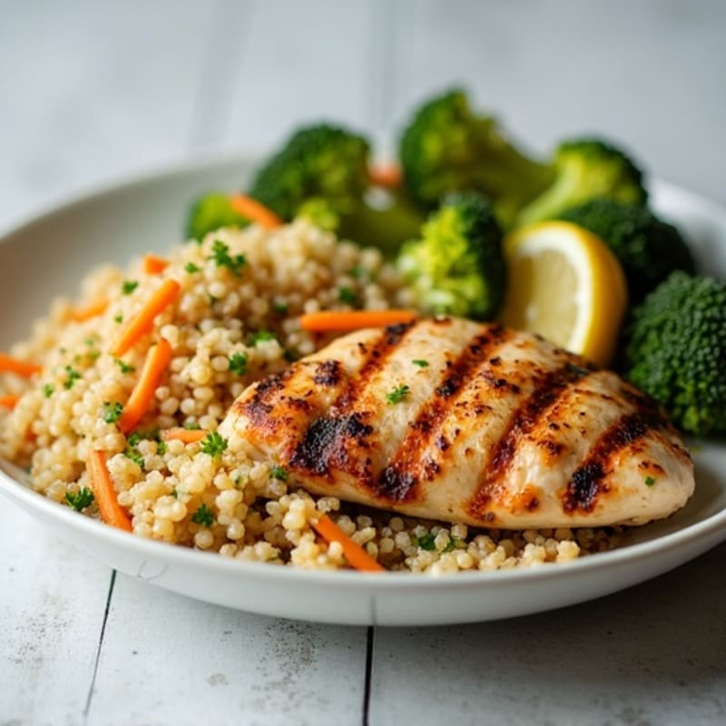 Grilled Chicken Breast with Crunchy Broccoli Slaw and Quinoa