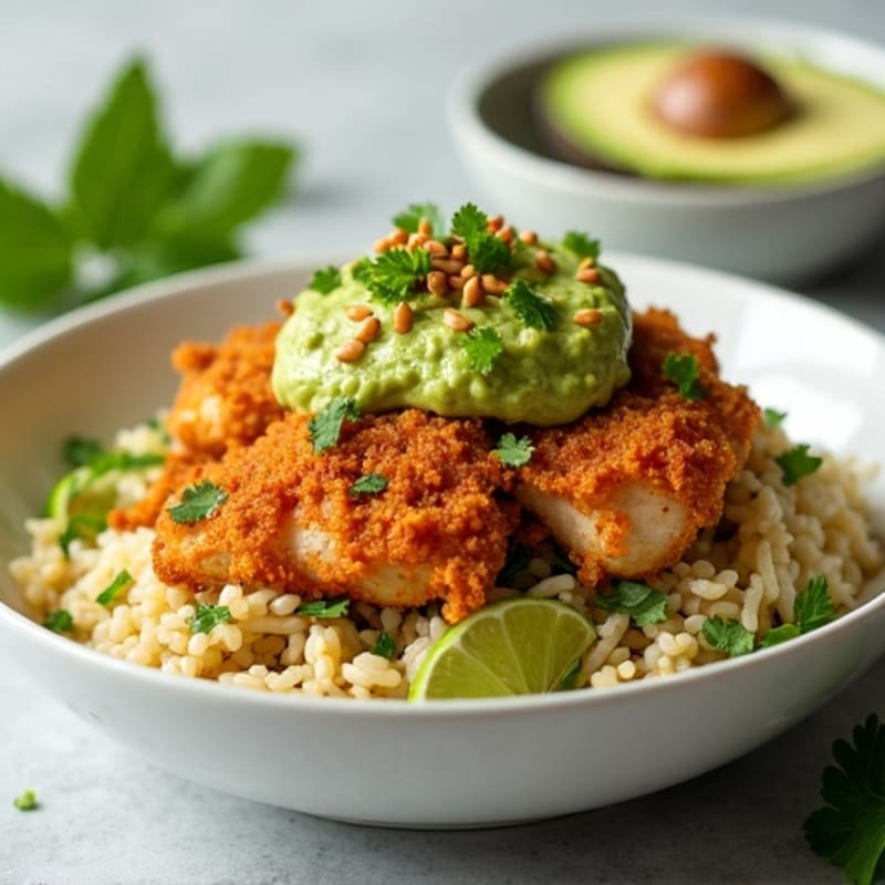 Crispy Shredded Chicken Bowl with Cilantro Lime Rice and Creamy Guacamole