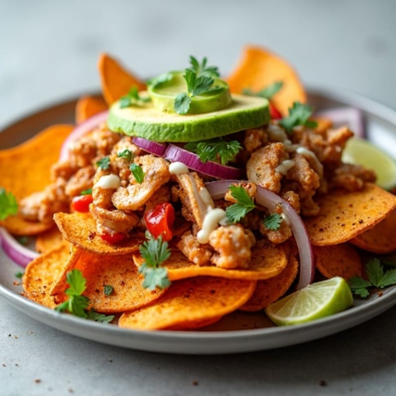 Crispy Sweet Potato Nachos with Spiced Chicken and Fresh Avocado