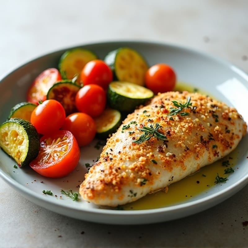 Herb-Crusted Baked Chicken with Roasted Mediterranean Vegetables