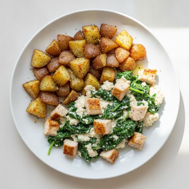 Chicken and Spinach Egg White Scramble with Roasted Potatoes