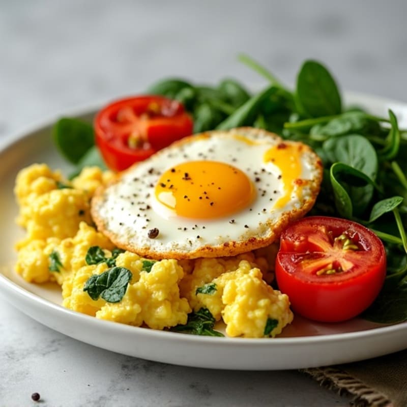 Fluffy Scrambled Eggs with Fresh Spinach and Cherry Tomatoes