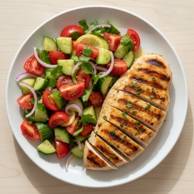 Grilled Chicken Breast with Fresh Tomato Cucumber Salad