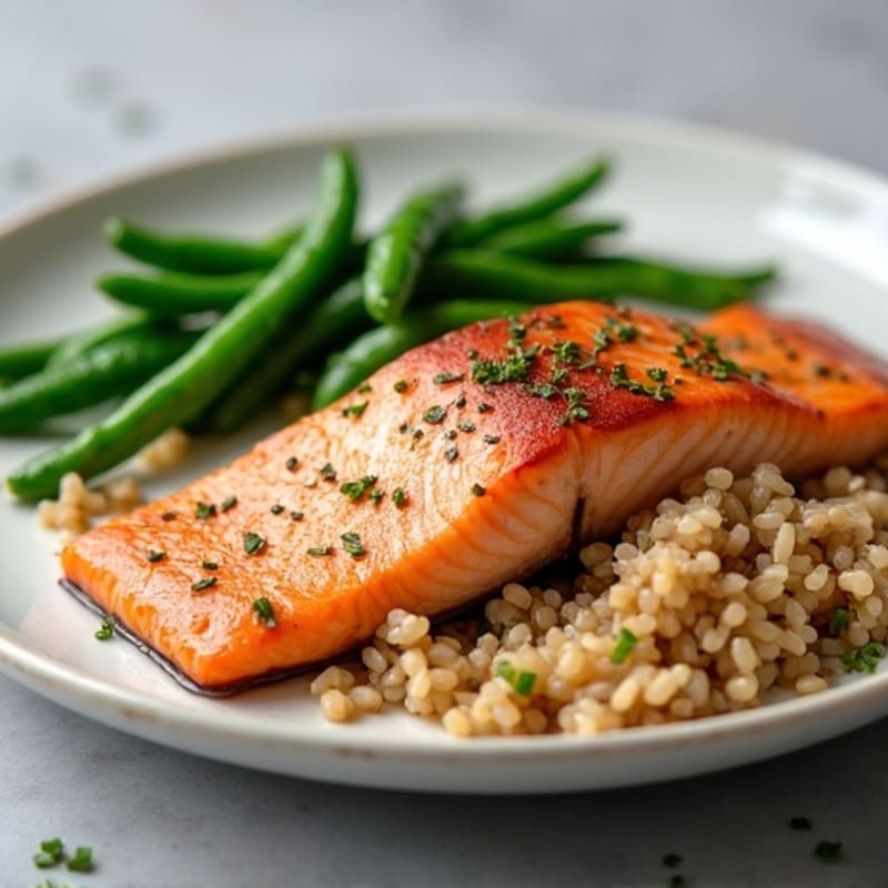 Seared Salmon with Garlic Green Beans and Brown Rice
