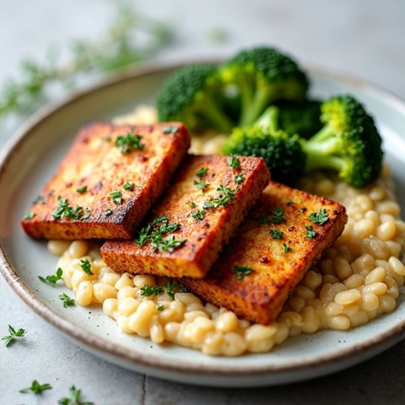 Crispy Seared Tofu Steaks with Herb-Roasted Broccoli and White Bean Mash