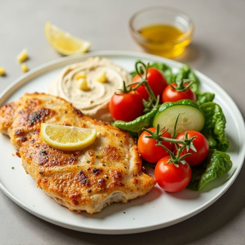 Lemon Garlic Chicken with Creamy Hummus and Fresh Crispy Vegetables