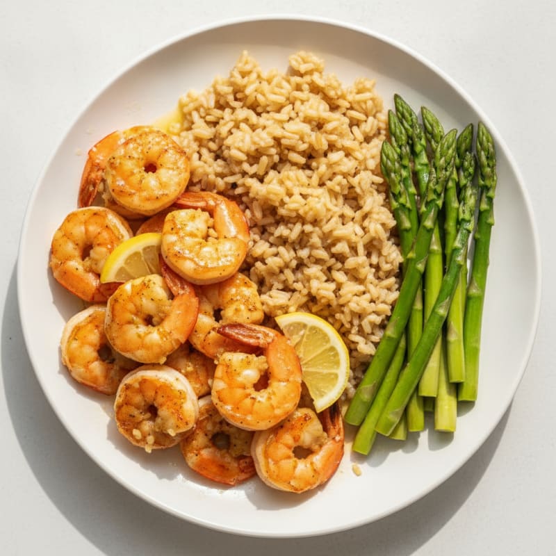 Grilled Lemon Garlic Shrimp with Steamed Asparagus and Brown Rice