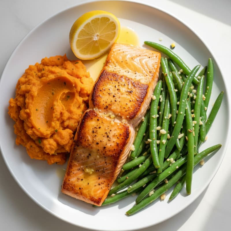 Seared Salmon with Garlic Green Beans and Mashed Sweet Potato
