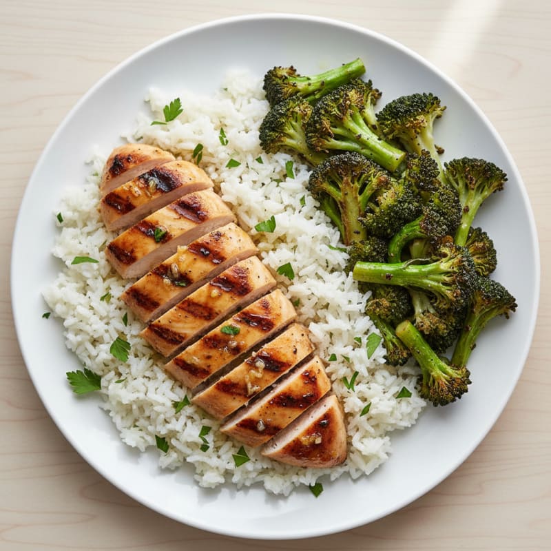 Grilled Chicken Breast with Herb Rice and Roasted Broccoli