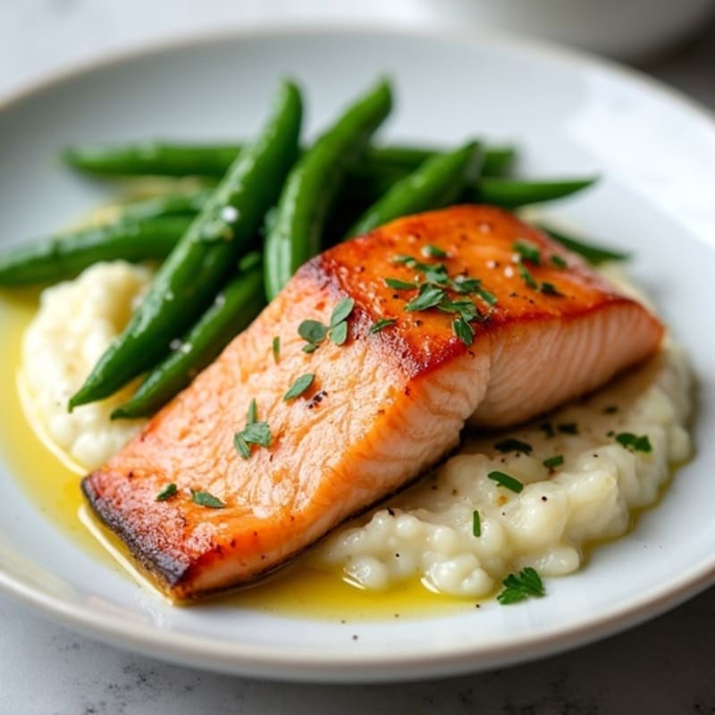 Seared Salmon with Steamed Green Beans and Garlic Cauliflower Mash