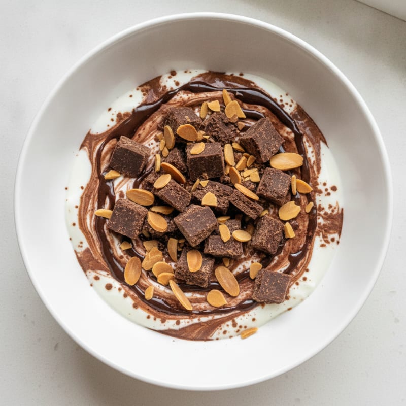 Chocolate Protein Bar Yogurt Parfait with Sliced Almonds