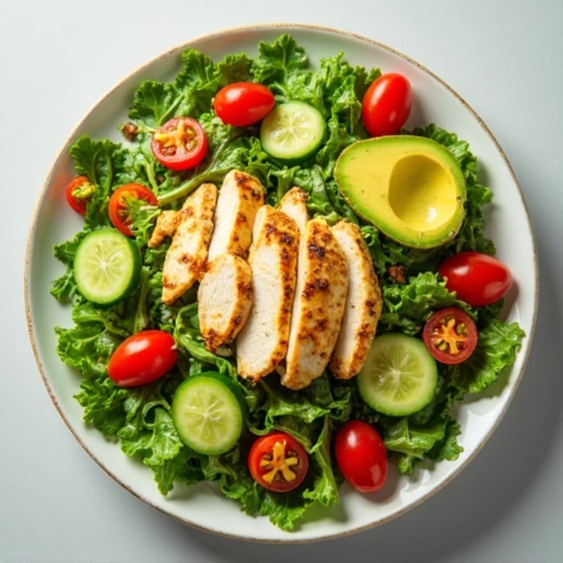 Crisp Green Salad with Creamy Avocado, Grilled Chicken, and Zesty Citrus Vinaigrette