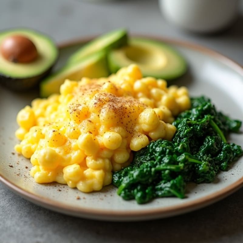 Fluffy Scrambled Eggs with Sautéed Spinach and Creamy Avocado
