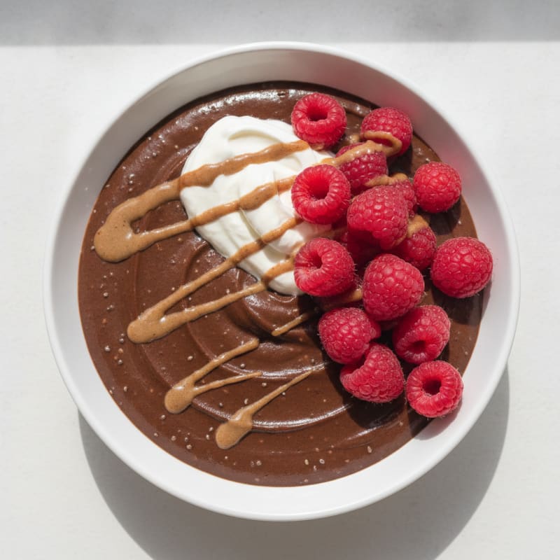 Silky Protein Chocolate Pudding with Fresh Raspberries