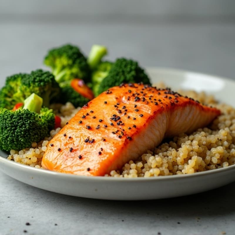 Seared Salmon Fillet with Roasted Broccoli and Quinoa