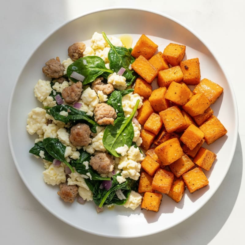 Egg White and Turkey Sausage Scramble with Spinach and Roasted Sweet Potato
