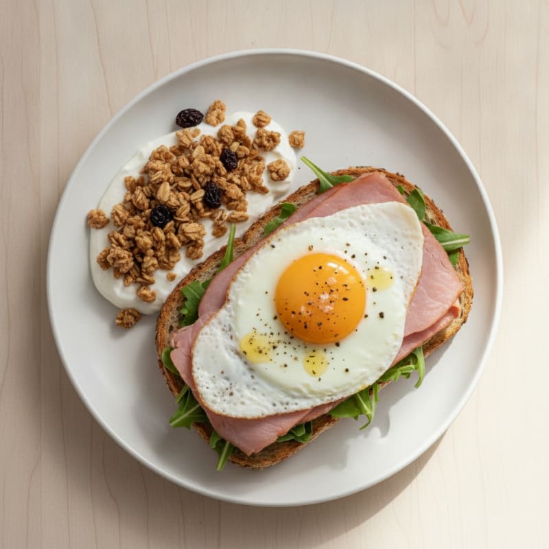 Ham Sandwich with Fried Egg and Granola