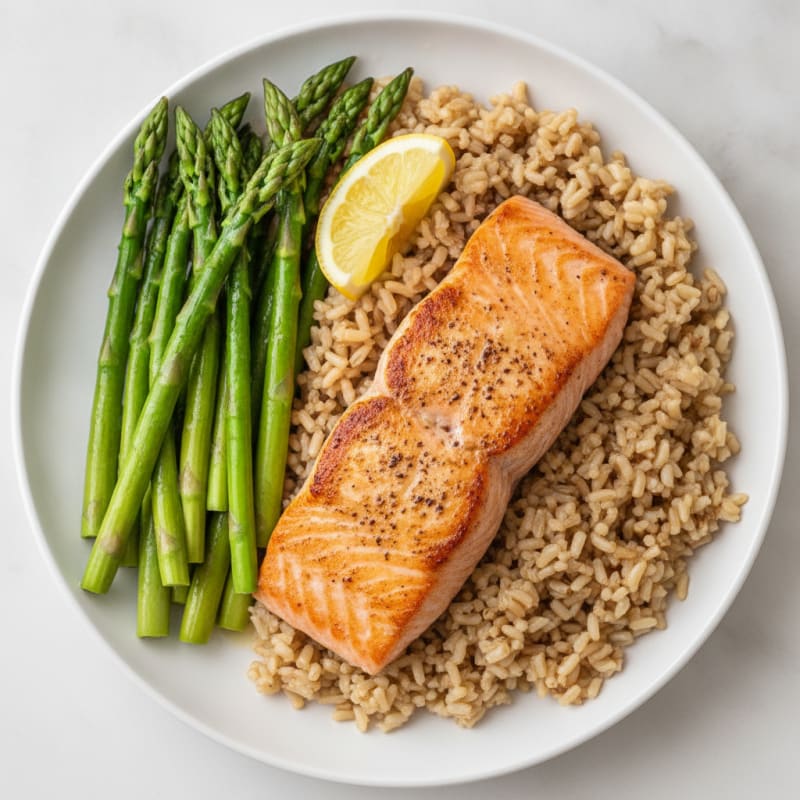 Seared Salmon with Steamed Asparagus and Brown Rice