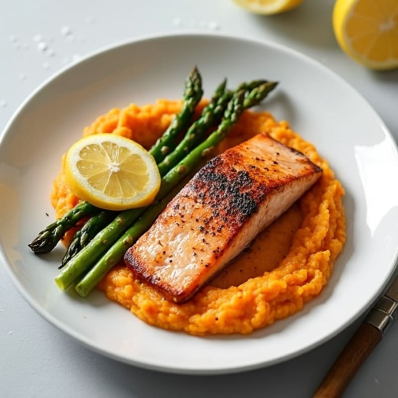 Seared Salmon Fillet with Roasted Asparagus and Sweet Potato Mash