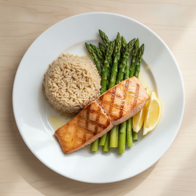 Seared Salmon with Steamed Asparagus and Brown Rice