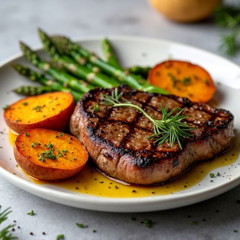 Pan-Seared Steak with Roasted Asparagus and Crispy Sweet Potatoes